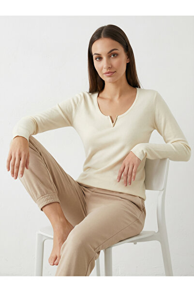 Giyim Dünyası بلوزة كورسون نسائية مسطحة بياقة على شكل حرف V بلون إكرو