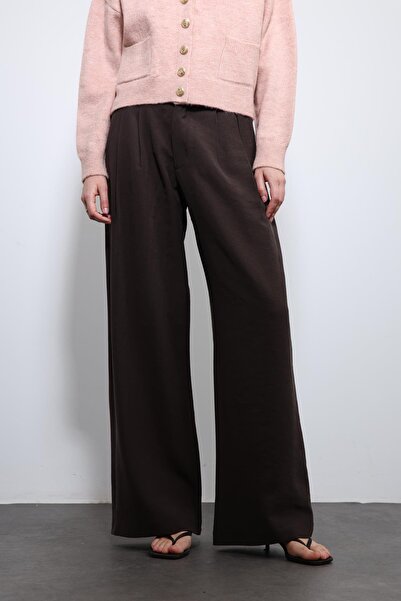 Antioch Dark Brown Elastic Waist Pleated Women's Trousers