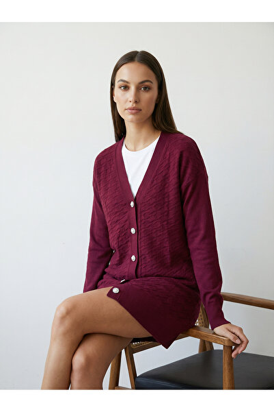 Giyim Dünyası Women's Mercerized Houndstooth Cardigan Burgundy