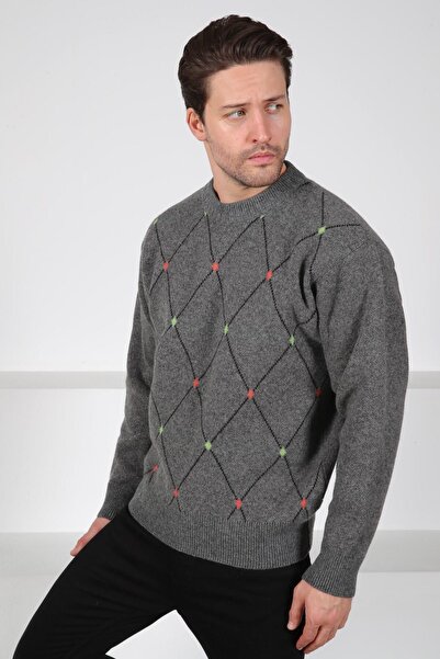 Ferraro Smoked Crew Neck Geometric Diamond Patterned 100% Lamb Wool Men's Knitwear Sweater