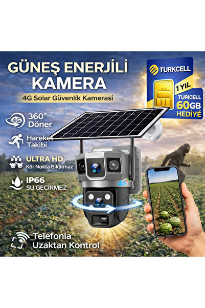 ALFAS 4G 1 Yıl 60 GB SIM Kartlı Güneş Enerjili 3 Kameralı 360° Döner Güvenlik...
