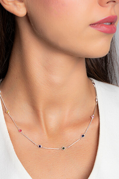 Elika Silver 925 Ayar Gümüş Renkli Zirkon Taşlı Çubuk Model Kolye