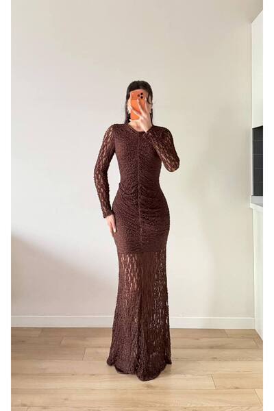 LOCH BUTİK Women's Brown Front Gathered Lace Maxi Dress
