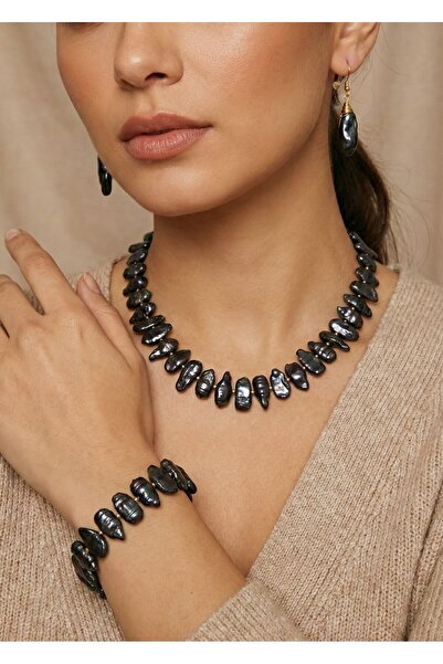 AYTENS TAKI Barok İnci Antrasit Takı Seti - Kolye, Bileklik ve Küpe