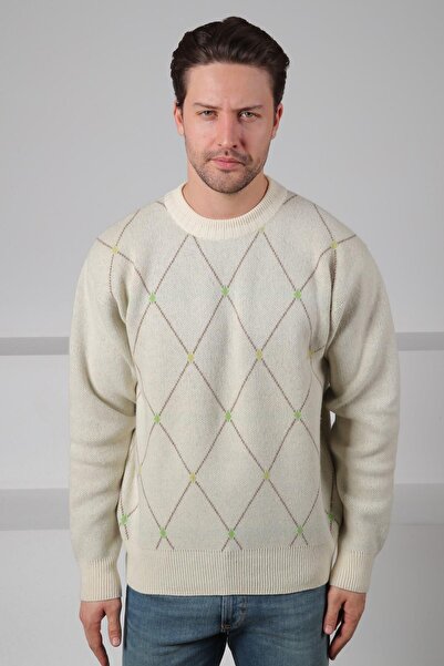 Ferraro Ecru Crew Neck Geometric Diamond Patterned 100% Lamb Wool Men's Knitwear Sweater