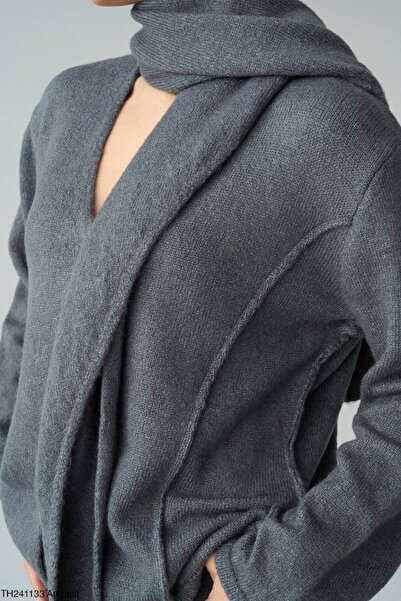 cemo Şal Yaka Fular Detaylı Antrasit Triko Hırka