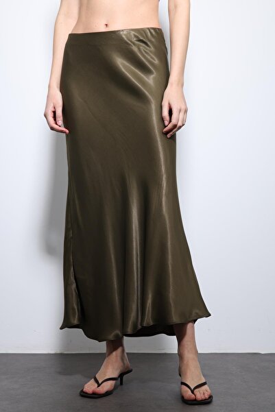 Antioch Khaki Satin Midi Skirt