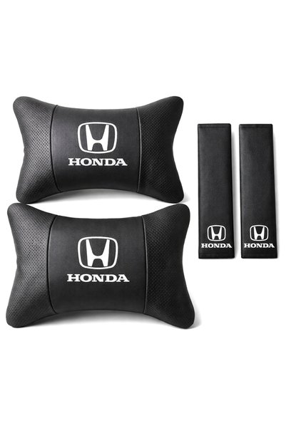 mutlu oto aksesuar Honda Beyaz Nakışlı Oto Boyun Yastığı + Emniyet Kemer Pedi Seti Siyah Deri Araç İçi Konfor