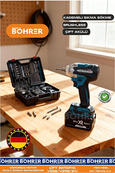 BÖHRER ALMANPRO YENİ NESİL 450NM CIRCIRLI +40 PARÇA KÖMÜRSÜZ ÇİFT BATARYA SOM...