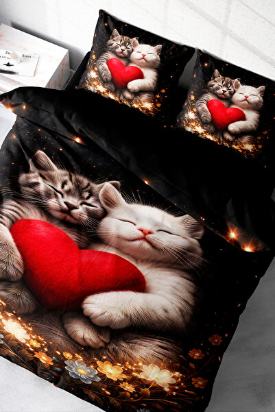 MonoHome Heart Cat Patterned 5D Digital Printing Cotton Satin Duvet Cover Set – Double Size