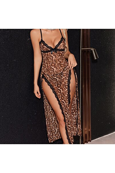 Nawaem Night Lingerie قميص نوم شفاف من قماش شبكي بنقشة جلد النمر مع فتحات عال...