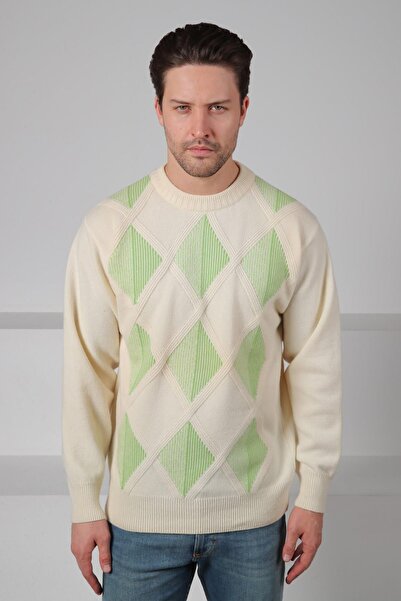 Ferraro Ecru/Green Crew Neck Diamond Patterned 100% Lamb Wool Men's Knitwear Sweater