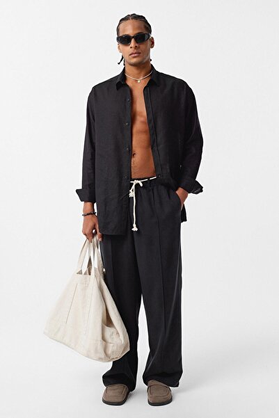 VAMOSCLO Belt Detailed Baggy Lyocell Trousers Black