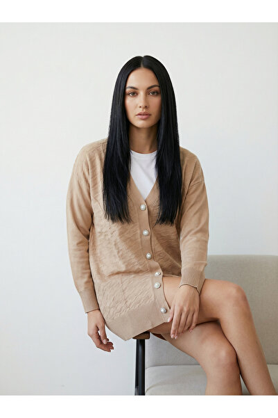 Giyim Dünyası Women's Mercerized Houndstooth Cardigan Beige