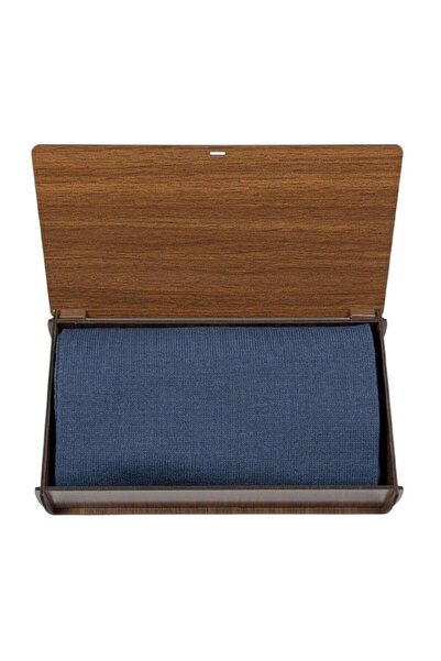 1001 Kravat Dark Blue Colored Double Layer Plain Men's Scarf in Wooden Gift Box