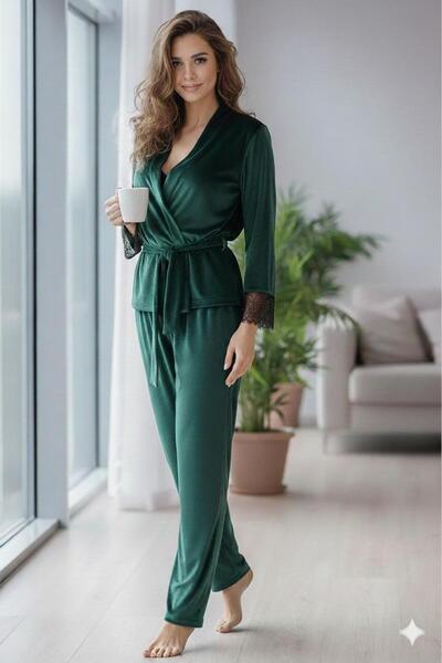 Juwana Luxury Velvet Lace Detailed Stylish Belted Dressing Gown & Pajama Set