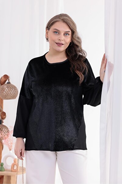 Siyezen Plus Size Sleeves Chiffon Sparkling Velvet Blouse