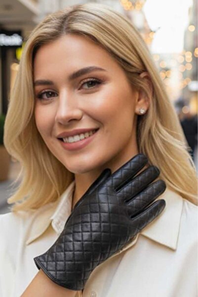 Trenderrs Women's Quilted Patterned Lined Genuine Lambskin Leather Gloves