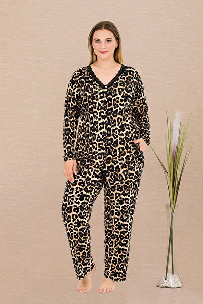 REN Γυναικείο σετ πιτζάμες με μοτίβο λεοπάρ, μεγάλο μέγεθος, μακρυμάνικο, με κουμπιά, ύφασμα βισκόζης