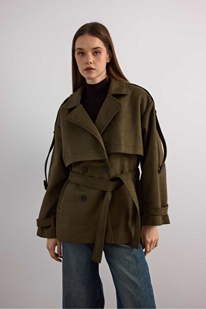 KIKU Double-Breasted Suede Short Coat with Belt Detail