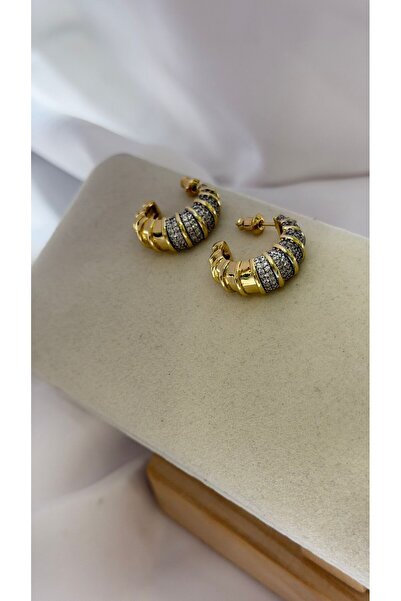 BYYEŞO Zirkon Taş Detay Çift Renk Halka Küpe (Çelik)