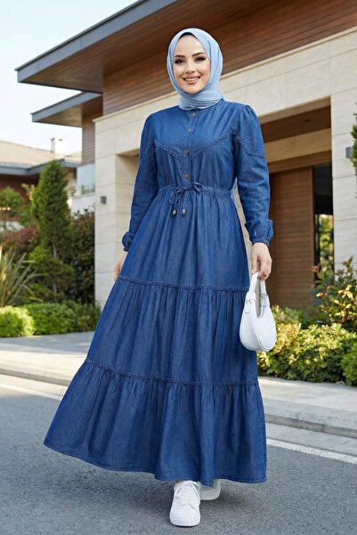 Hb Harma Time Butik Women's Lace Detailed Buttoned and Lace-Up Dark Denim Blue Long Dress