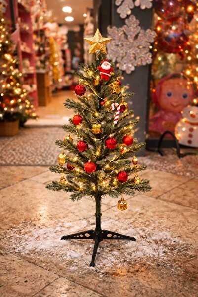 happyevents 90 cm Yılbaşı Ağacı – 90 Dal İnce Gövde, Işıklı ve Süslemeli Şık ...