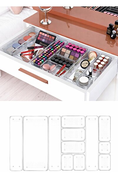 Zengin Çarşım 12 Compartment Drawer Organizer Modular Design, Clear Plastic Makeup Bathroom Jewelry Organizer