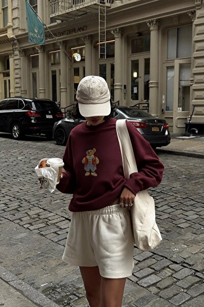 The Champ Clothing Women's Oversized Sweatshirt Campus Bear Printed Burgundy – Crew Neck, 3 Thread Ş Fleece-Lined Fleece