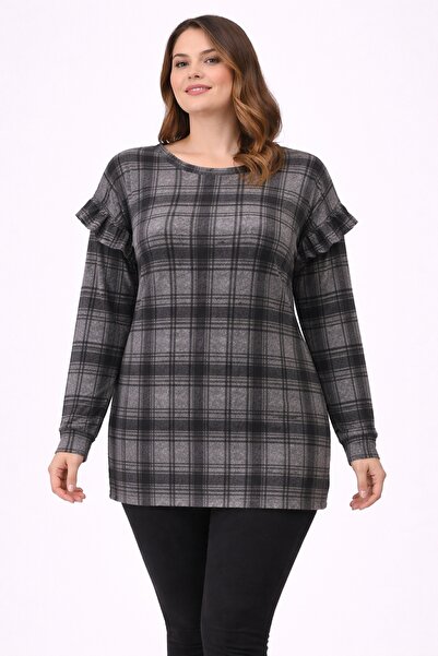 Şans Women's Plus Size Gray, Plaid Pattern, Ruffle Detail Wool Viscose Tunic 65N39304