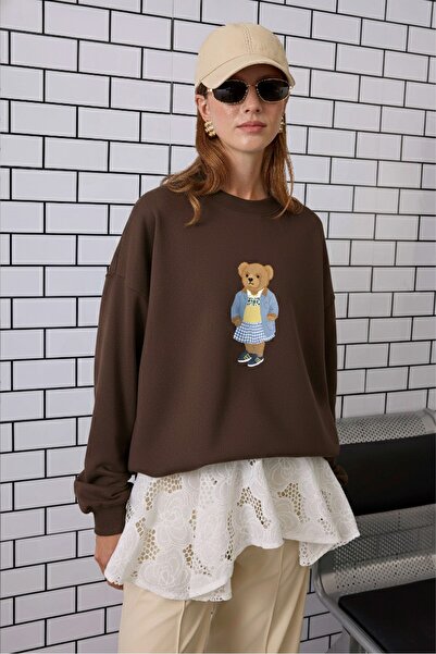 The Champ Clothing Γυναικείο φούτερ oversized Preppy Girl Bear με τύπωμα Καφέ – Λαιμόκοψη, 3 κλωστές επένδυση fleece Pola