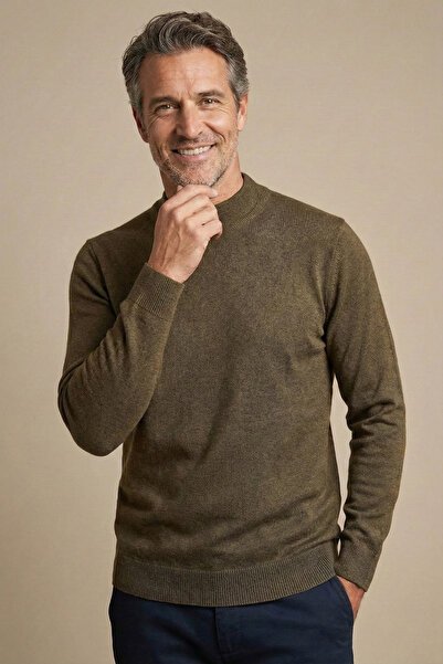 nacar çarşı Men's Dad Brown Solid Color Half Turtleneck Knit Sweater