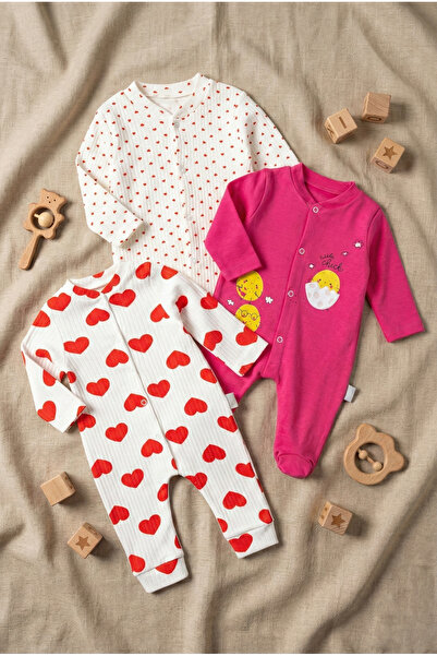Noone 3-Piece Baby Girl Romper Set - 100% Cotton Heart and Chick Patterned Long Sleeve Bodysuit Pack