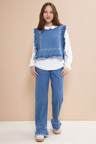 Cansın Mini Blue Embroidered Jean Sweater and Tasseled Trousers 3-Piece Girl's Jean Set 23483