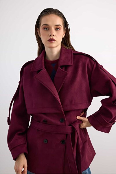 KIKU Double-Breasted Suede Short Coat with Belt Detail