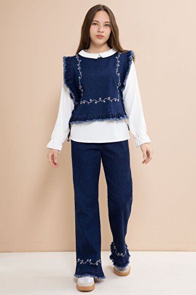 Cansın Mini Navy Blue Embroidered Jean Sweater and Tasseled Trousers 3-Piece Girl's Jean Set 23484
