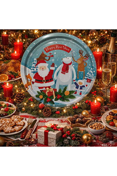 ATAGİFT HEDİYELİK Happy New Year New Year's Themed Metal 30 cm Tea Coffee Presentation Tray