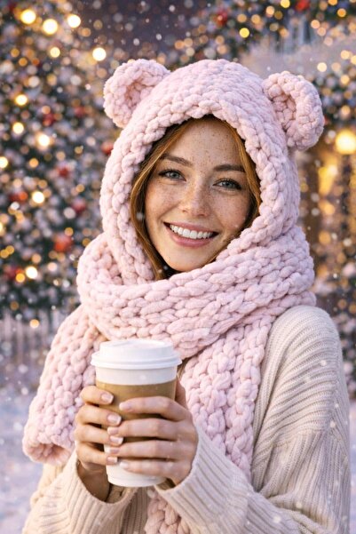 Cheecky Chic Pembe El Örgüsü Bere & Atkı Takımı – Kadın Kışlık Kalın Örgü Aks...