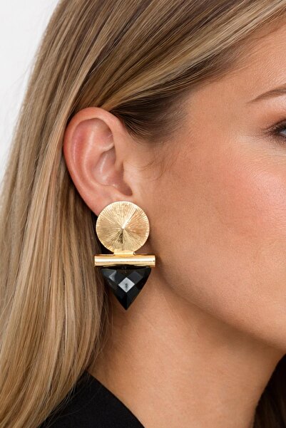 New Obsessions Gold Detailed Black Stone Geometric Earrings