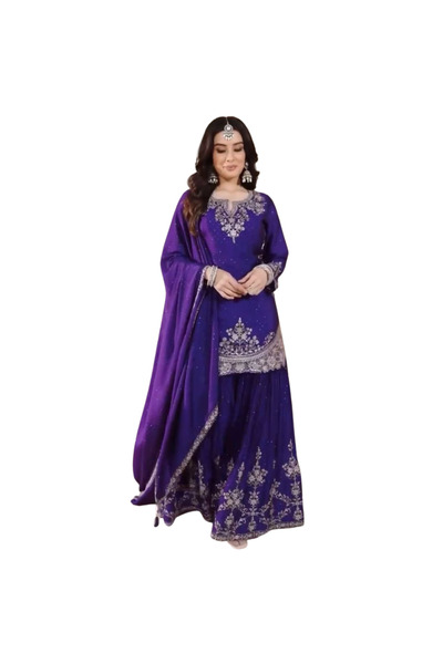 MYSMAR Purple Chinon Silk Kurti Sharara & Dupatta - HRT5333 | Purple
