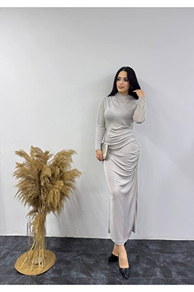 SHEZAN MODA Women's Gray Long Sleeve Drape Detail Buzzy Fabric Maxi Dress Bb-...