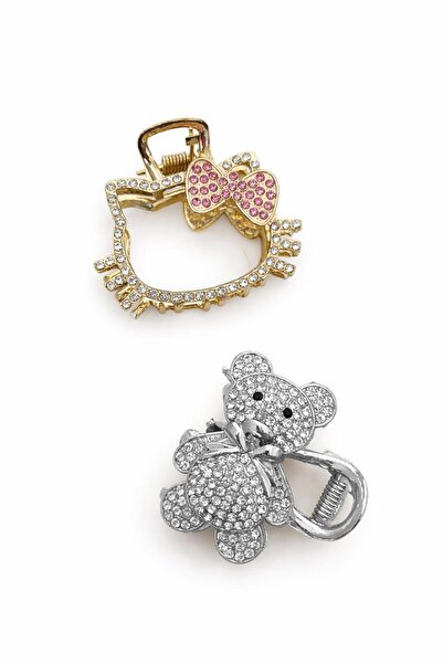 New Obsessions Crystal Stone Hair Clip with Kitty and Teddy Figures, 2 Pieces