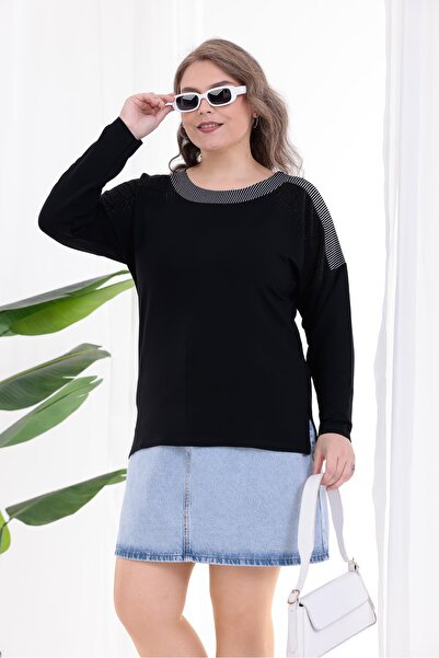 Siyezen Plus Size Collar Striped Sequin Embroidered Blouse