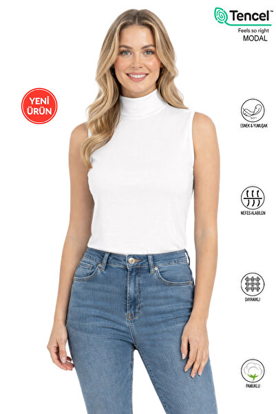 ÖZKAN underwear Özkan 27813 Women's Premium Fabric Cotton Modal Turtleneck Zero Sleeve Body T-Shirt Blouse