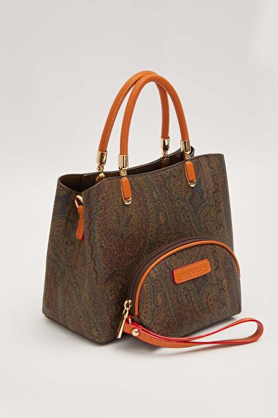 Levidor Γυναικεία τσάντα χειρός και ώμου με έθνικ σχέδιο, μακρύ λουράκι, κομψό σχέδιο, 2 τεμάχια, καφέ