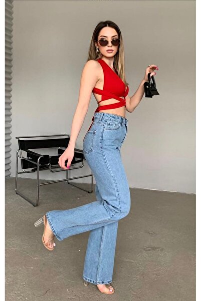 MRİABE جينز نسائي فضفاض عالي الخصر باللون الأزرق، جينز باليزو قماش قابل للتمد...