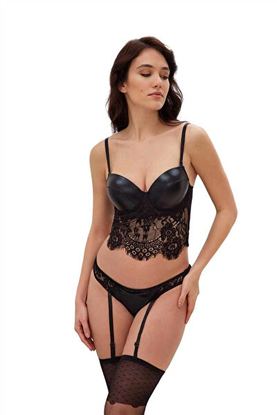 Beruflic Kadın Deri Görünümlü Balenli Destekli Dolgulu Askıları Çıkabilen Dantelli Büstiyer Sütyen Jartiyerli