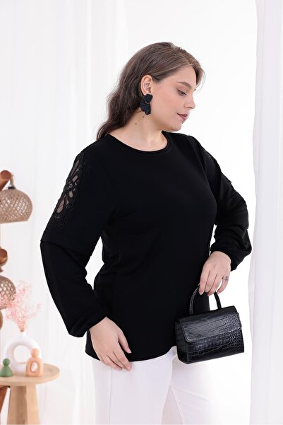 Siyezen Plus Size Blouse with Floral Detail on the Shoulders and Elasticated Sleeves