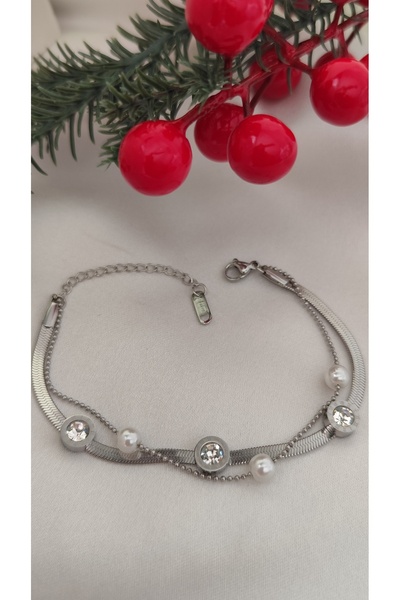 DİAVENTA TAKI VE AKSESUAR سوار من الفولاذ 100% مرصع بحجر الزركون مع سلسلة مزدوجة من الفولاذ 316L مقاوم للبهتان ولا يتلاشى لونه 17+5 سم