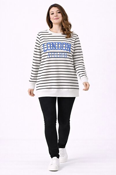 Şans Hanorac cu dungi cu broderie albă pentru femei, mărime mare tricou 65N39306